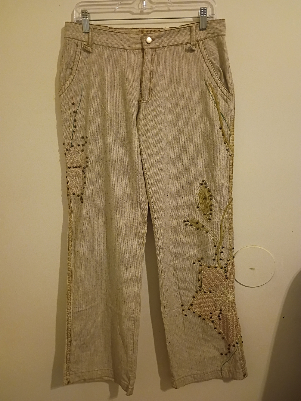 Embroidered Wide-Leg Beige Women's Pants With Studs Sz 8